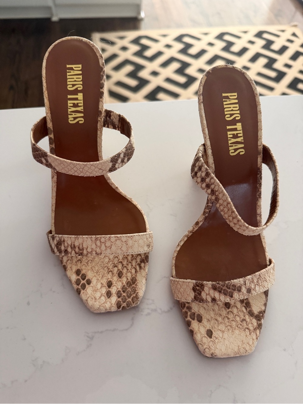Paris Texas Snake-Print Double Strap Heeled Slides in Beige and Brown